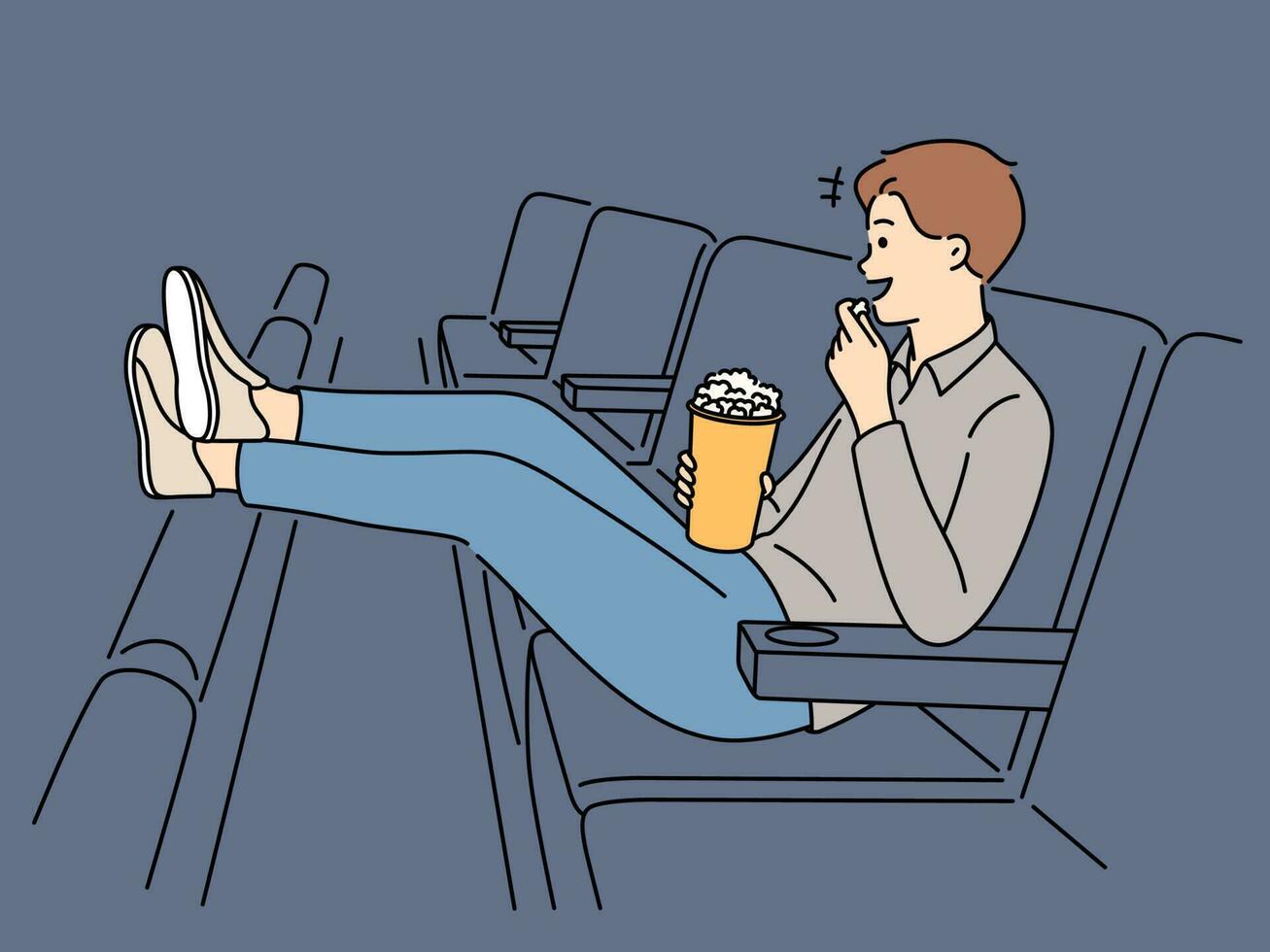 Happy young man with popcorn sit in chair enjoy movie in cinema. Smiling guy watch film in theater on weekend. Hobby and entertainment. Vector illustration.