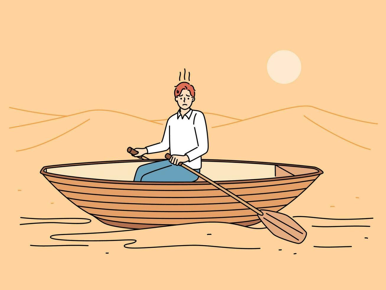 Stressed young man in boat rowing in desert. Unhappy distressed guy sit in ship in arid wasteland locked in fantasy. Vector illustration.