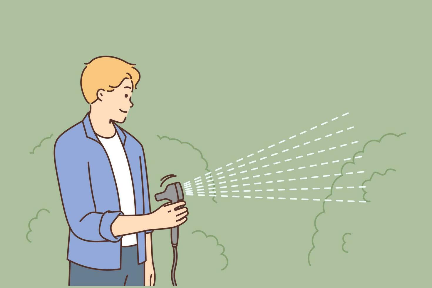 Young man with hose watering plants in garden. Smiling male take care of green bushes outdoors. Gardening and horticulture. Vector illustration.