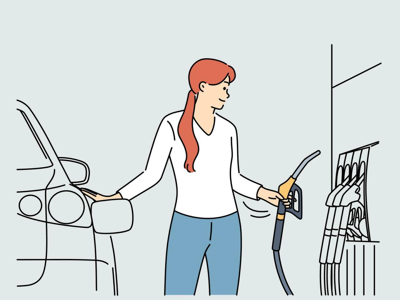 joven mujer repostar coche a gas estación. sonriente hembra combustible automóvil con petróleo. vector ilustración.