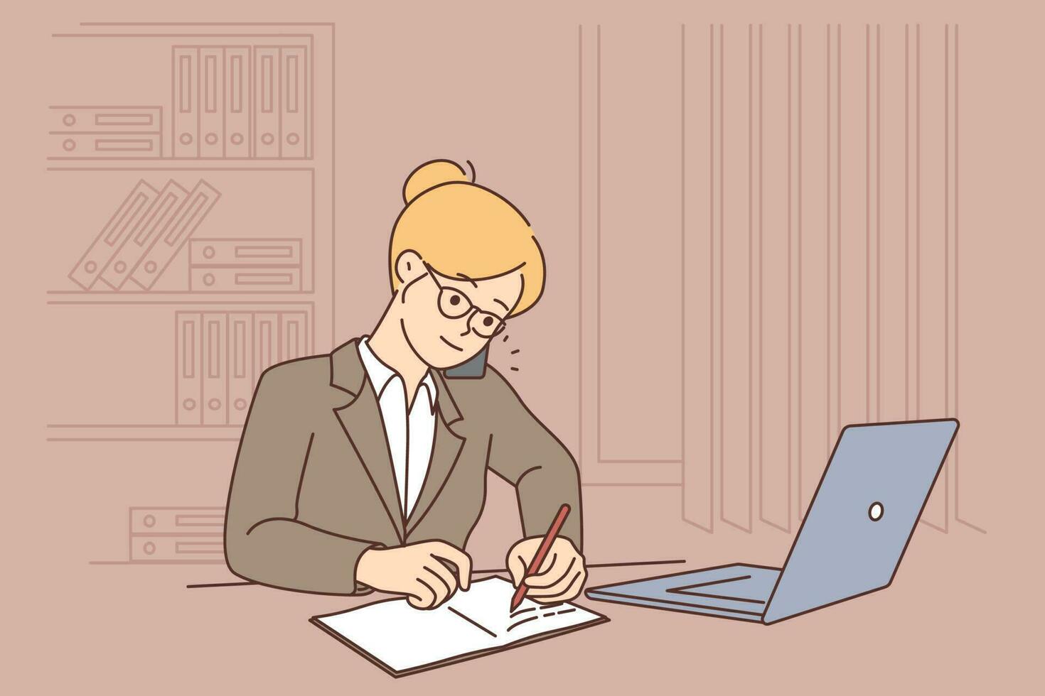 Busy businesswoman sit at desk work on computer talk on cellphone. Smiling female employee multitask in office. Vector illustration.