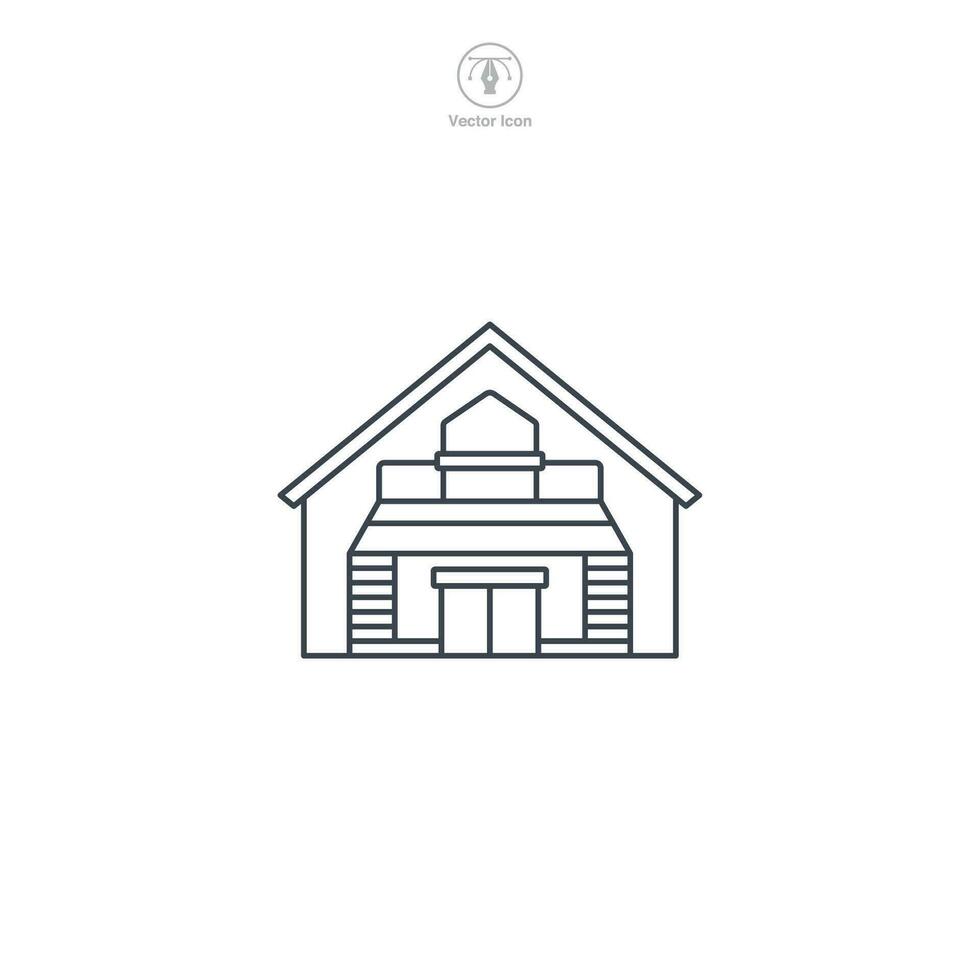 Warehouse icon vector represents a stylized storage facility, signifying logistics, supply chain, inventory, distribution, and commerce