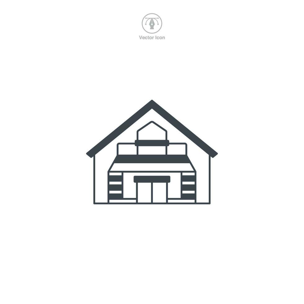 Warehouse icon vector represents a stylized storage facility, signifying logistics, supply chain, inventory, distribution, and commerce