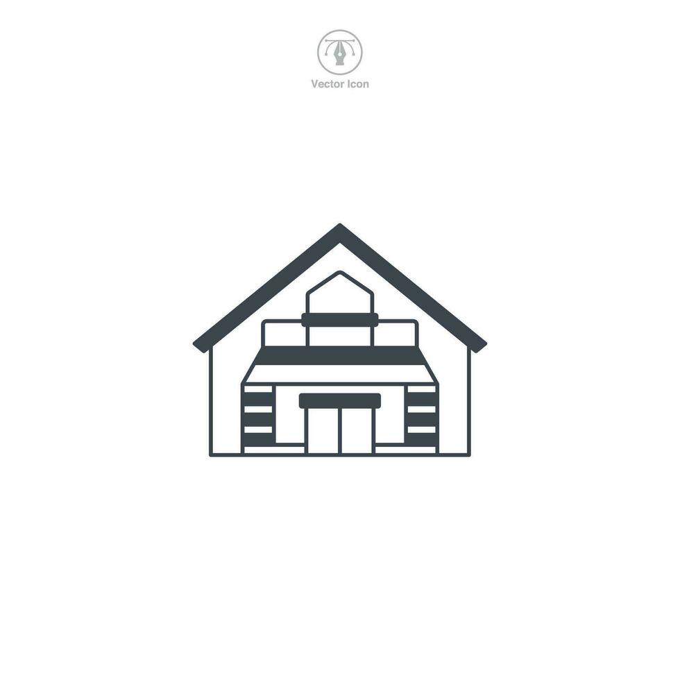 Warehouse icon vector represents a stylized storage facility, signifying logistics, supply chain, inventory, distribution, and commerce