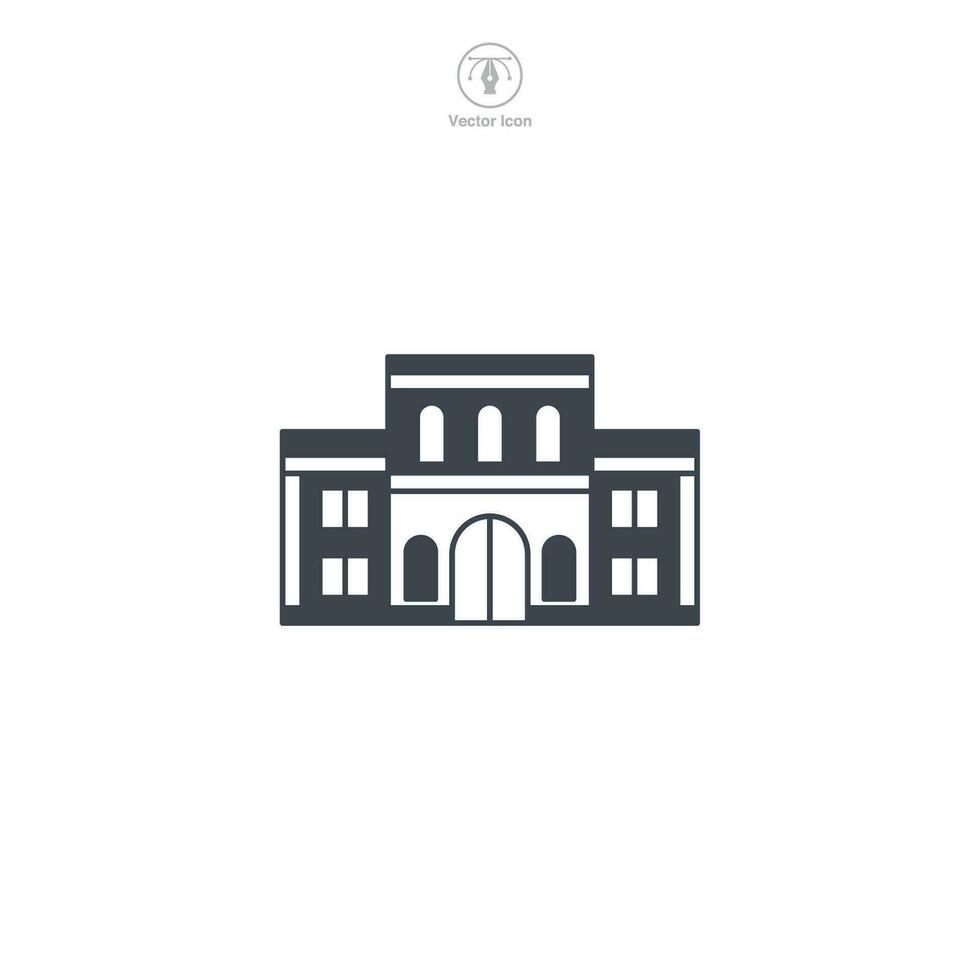 School icon vector portrays a stylized educational institution, signifying learning, education, academia, knowledge, and student life