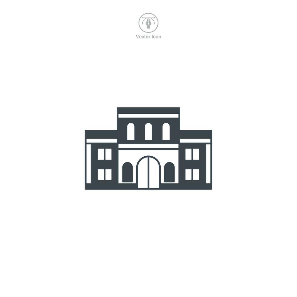 School icon vector portrays a stylized educational institution, signifying learning, education, academia, knowledge, and student life