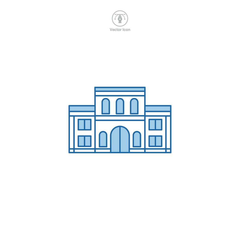 School icon vector portrays a stylized educational institution, signifying learning, education, academia, knowledge, and student life