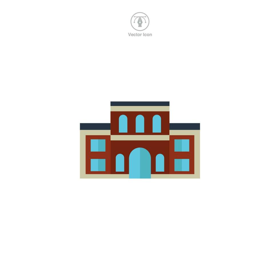 School icon vector portrays a stylized educational institution, signifying learning, education, academia, knowledge, and student life
