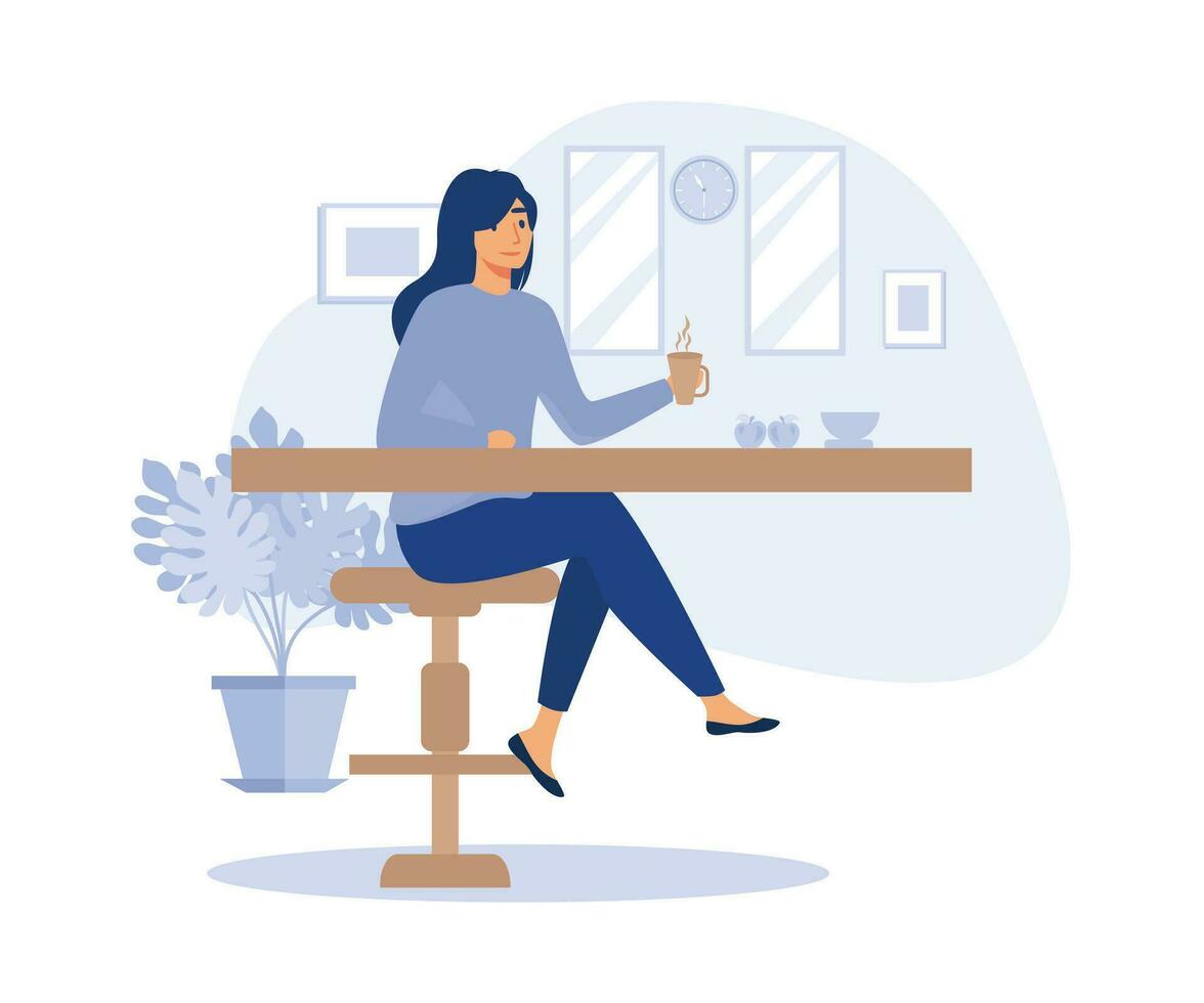 Girl having lunch during break in cozy dining room. Hot nutrition soup bowl and fresh sweet apple. flat vector modern illustration