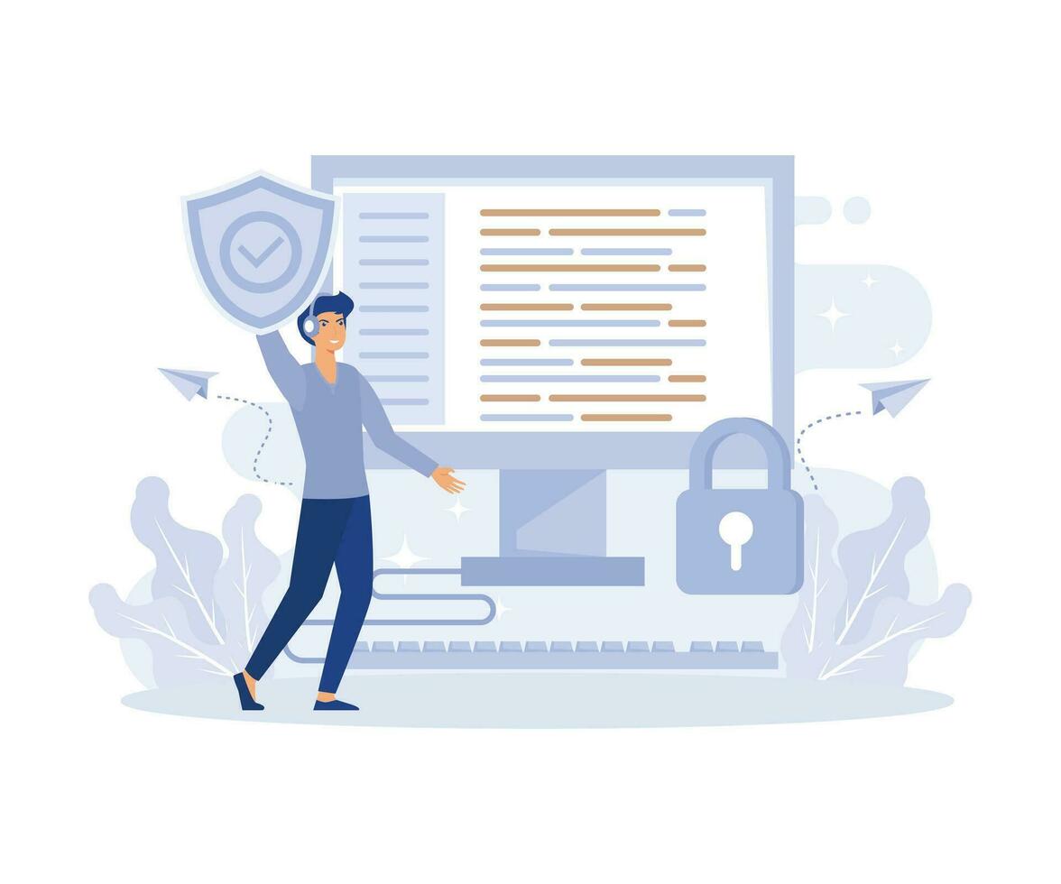 cyber security,  Database, cyber security, control, protection of computer services and electronic information, flat vector modern illustration