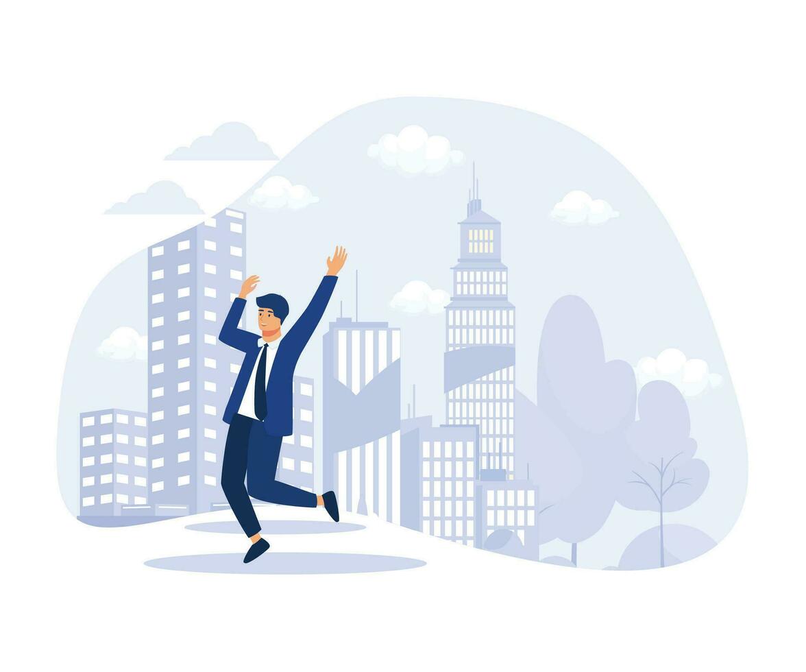 Young Man in Business Suit, Triumphing Over His Victory or Finding Solution to His Problem, Jumping for Joy with His Luck, flat vector modern illustration