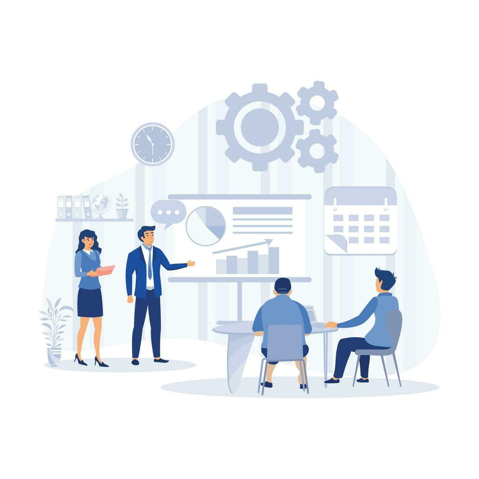 Boss praise best employee, team applaude at office meeting. Professional recognition, flat modern vector illustration
