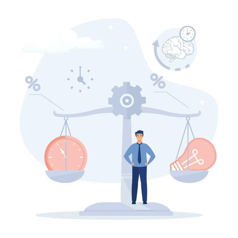 Balance between time and cost of an idea. Mechanical scales with clock, flat modern vector illustration