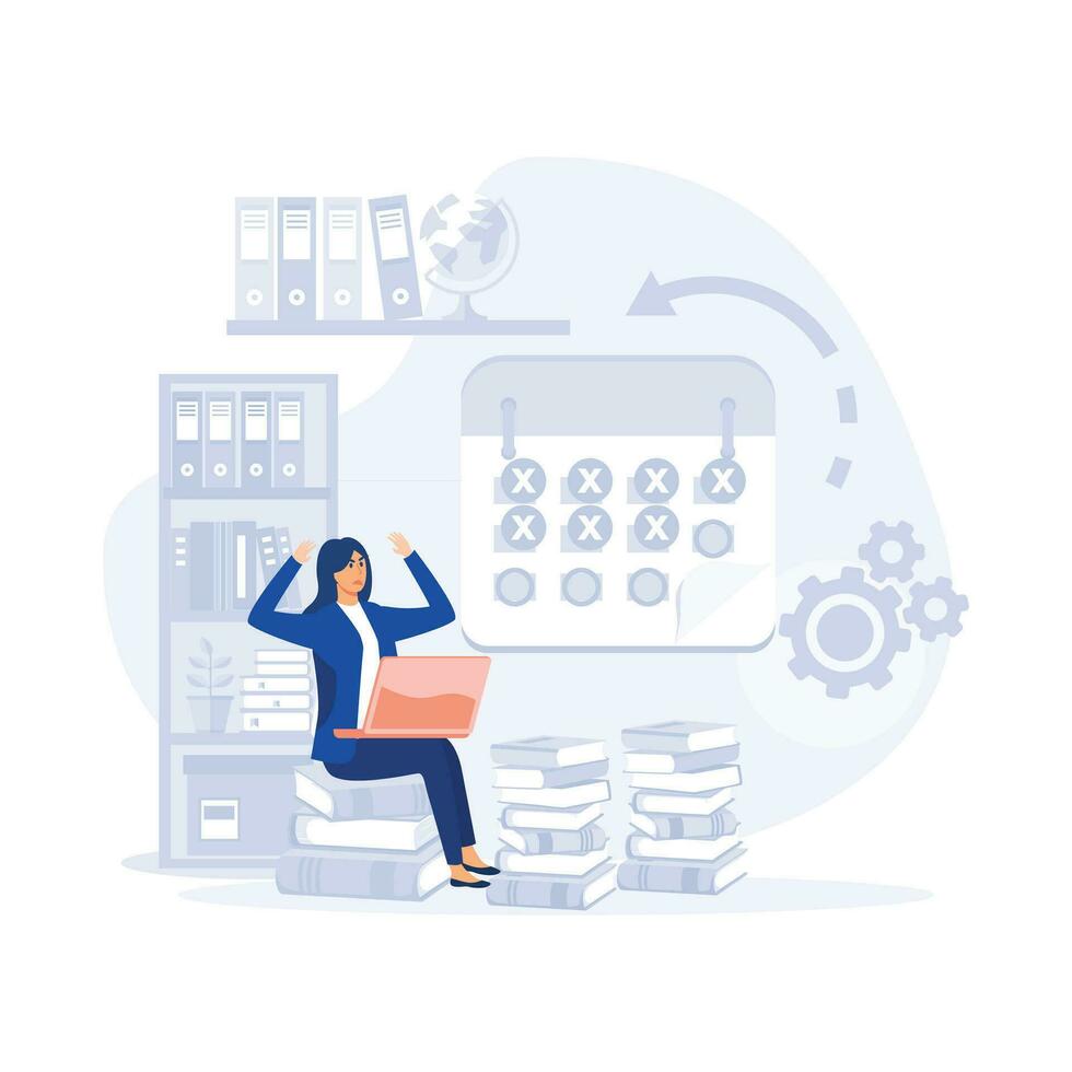 Overworked businesswoman, Asleep depressed tired hard work female manager, sitting office desk in big pile of documents, flat modern vector illustration