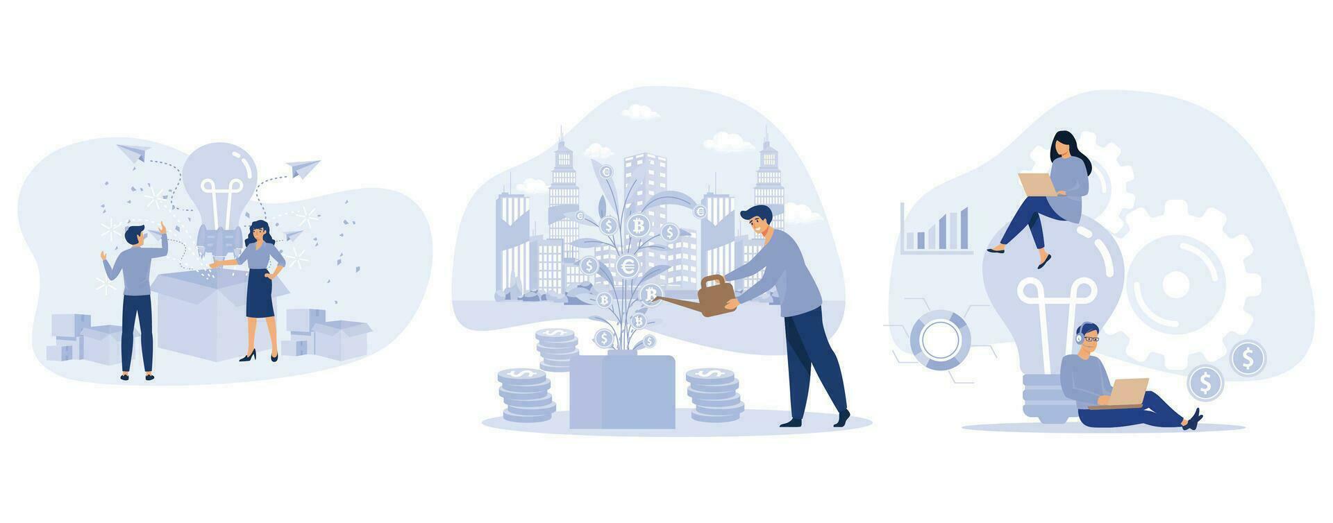 Banner Successful Launch New Idea. Business Development, Entrepreneur Watering Money Tree, Informative Flyer Service Promotion, set flat vector modern illustration