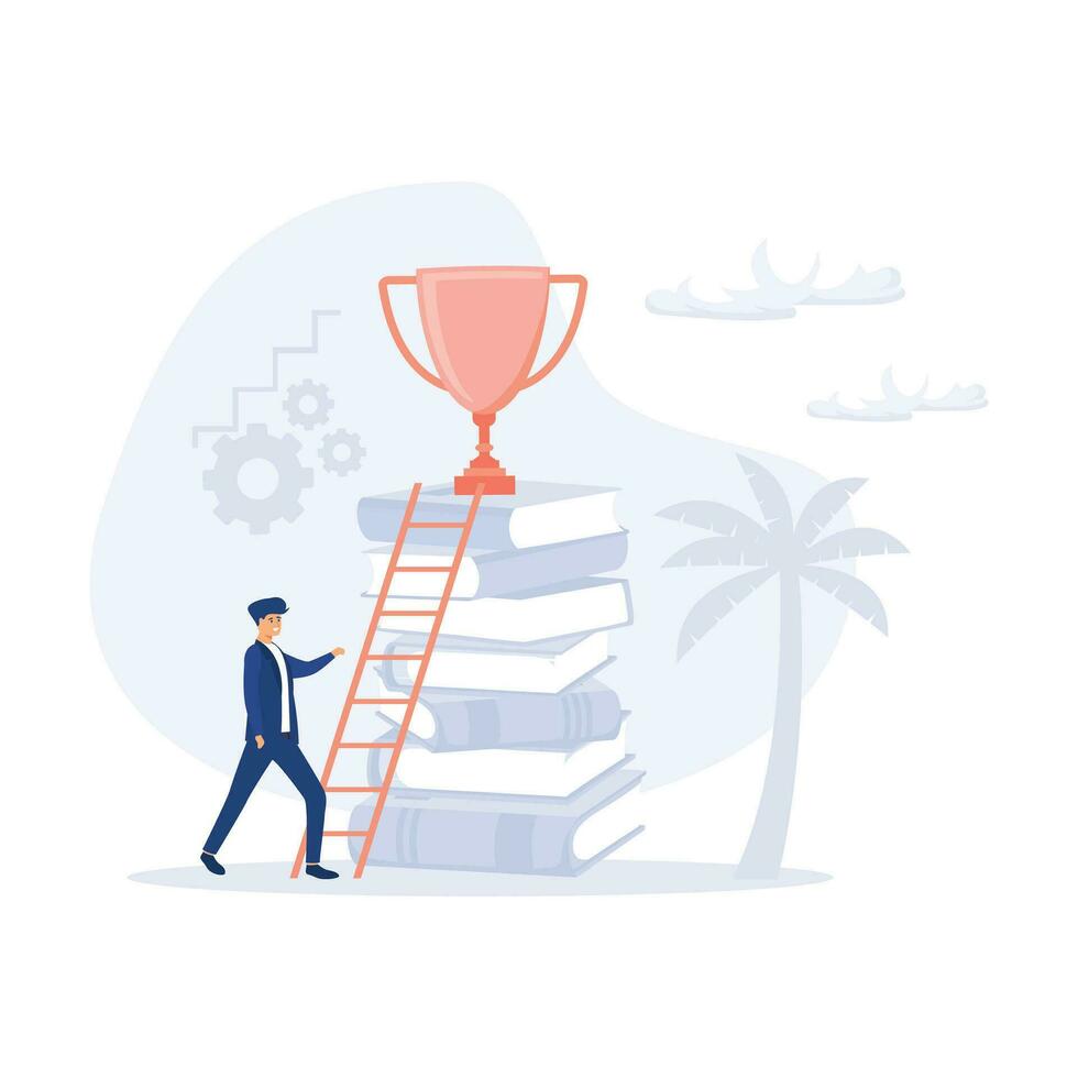 Continuous self development even after success, Businessman stepping up next stair to plant flag on new larger trophy.  flat vector modern illustration