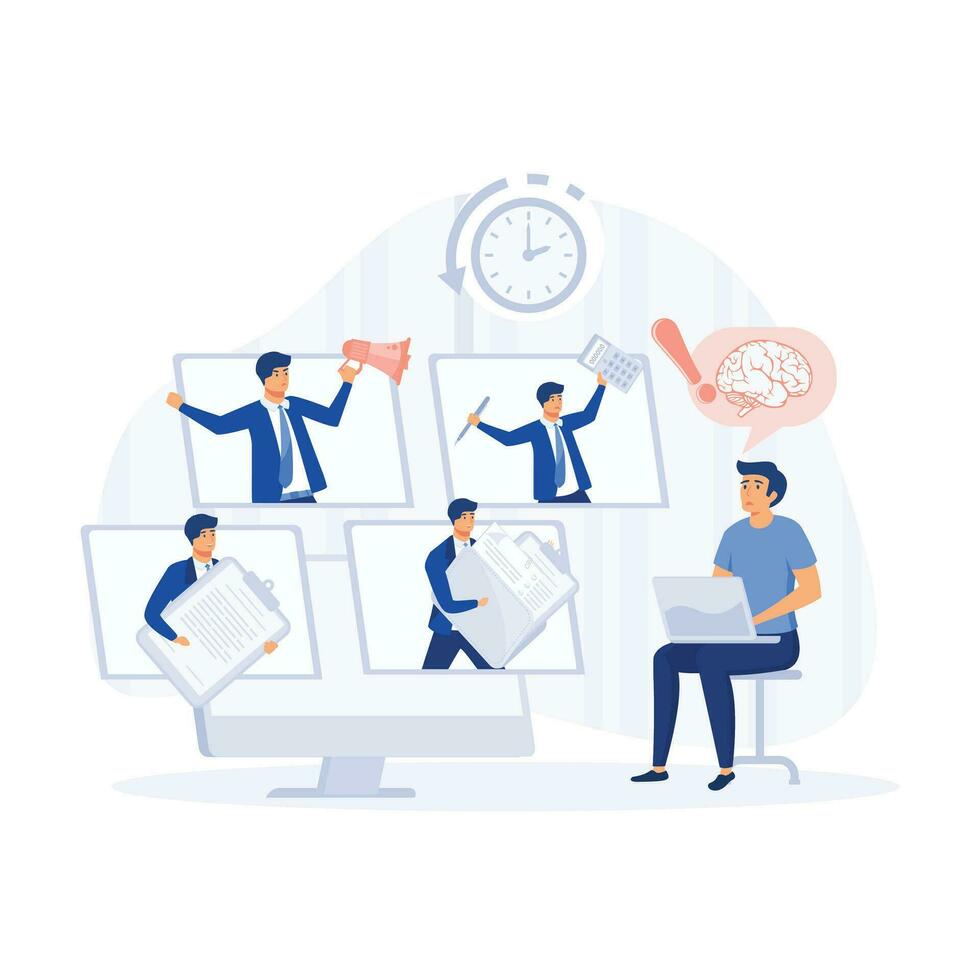 Business Man Surrounded by Hands with Office Things, Multitasking and Time Management Concept. flat modern vector illustration