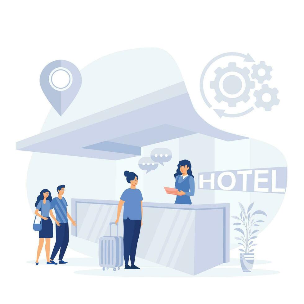 Receptionist welcomes the guest, Check into hotel. Hostel interior with administrator.  flat vector modern illustration