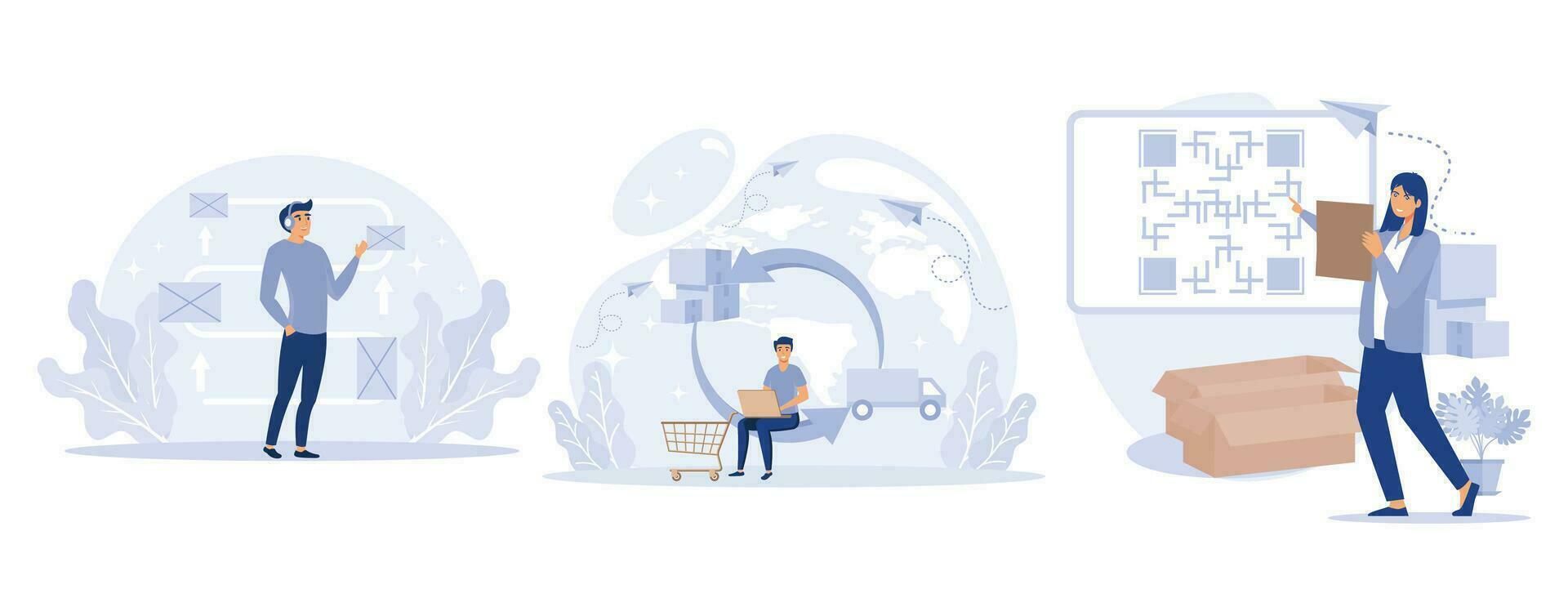 Warehouse modern technology concept, Warehouse voice tasking, handling and order processing, QR code, automated operations, set flat vector modern illustration