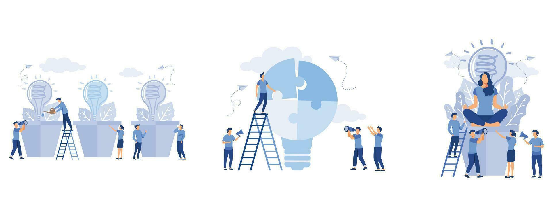 business concept analysis, people grow potted plants, people with lightbulb puzzle, meditation during working hours, flat vector modern illustration