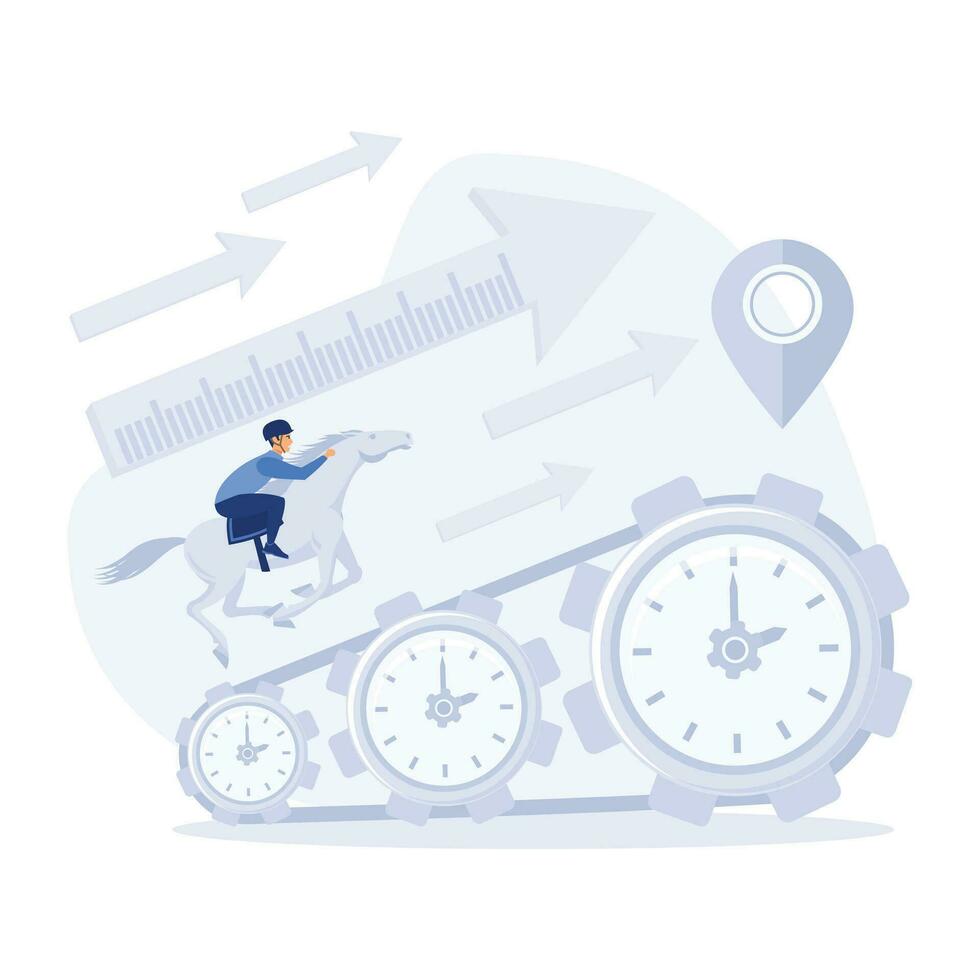 Time management, control. Businessman run along gear in form of clock. Organization of process, flat vector modern illustration