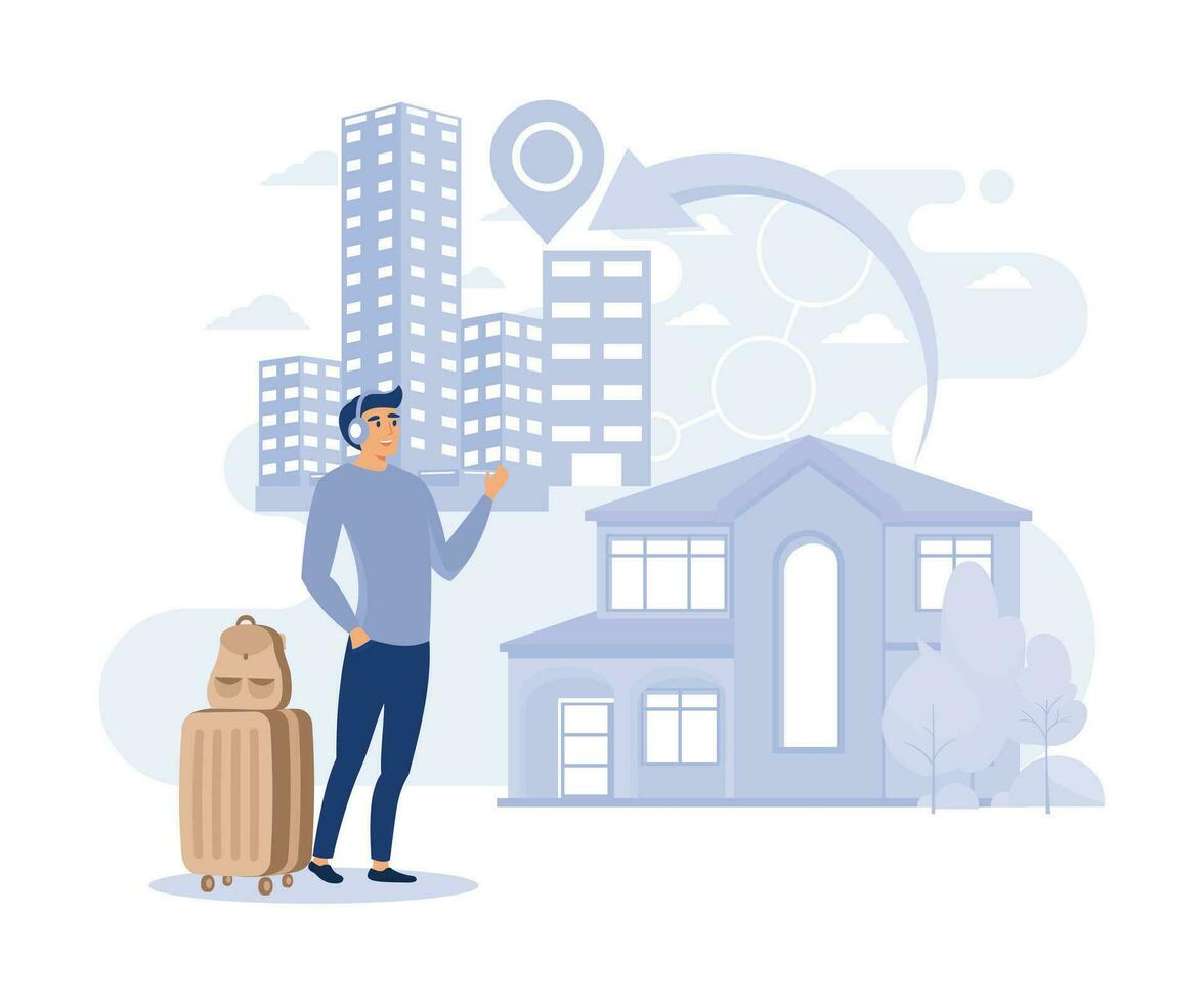 International and interurban human migration. countryside to town  migration. Settling place. flat vector modern illustration