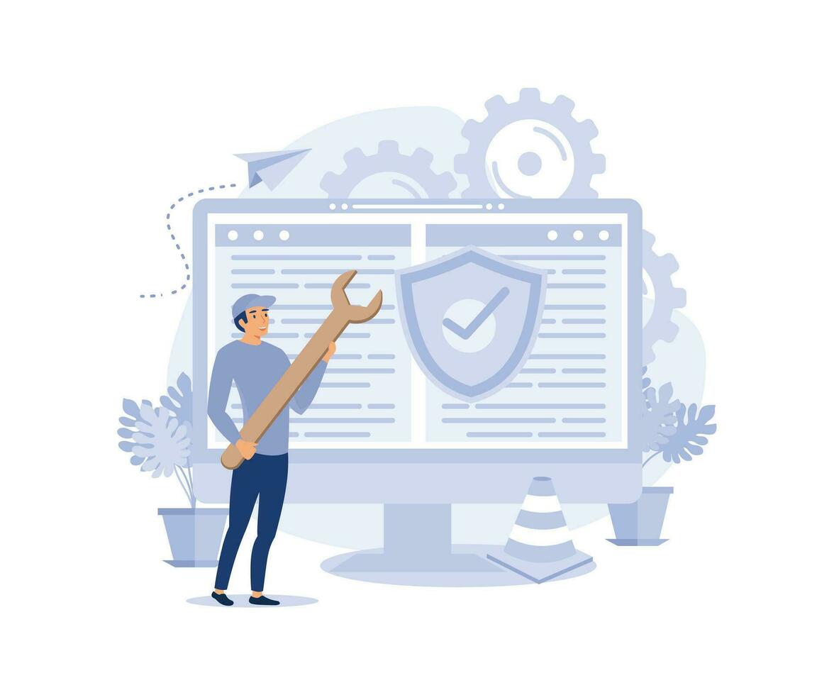 system maintenance, update program and application, technology, engineer, error, fixing a trouble, device updating, flat vector modern illustration