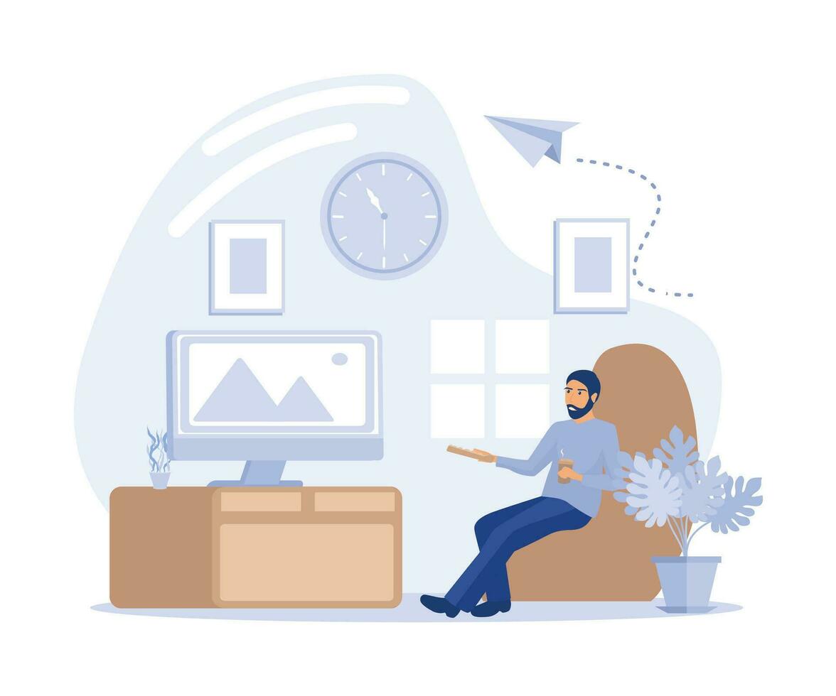 Man resting behind TV at home,  watching TV and eating snacks - daily usual routine action, flat vector modern illustration