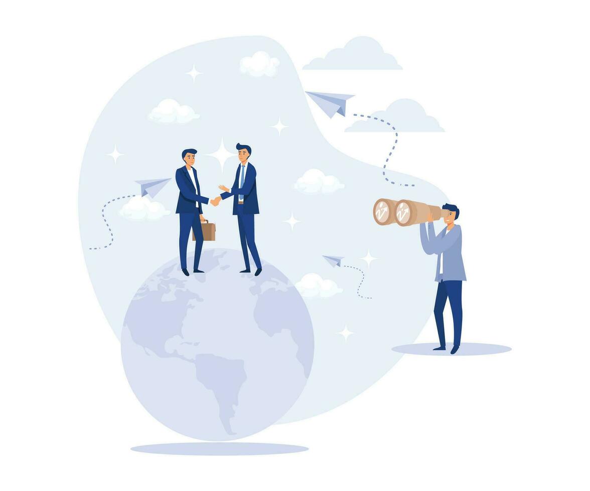 International Business Concept, Men Shaking Hands Standing on Globe, Looking at People with Telescope and Binoculars. flat vector modern illustration