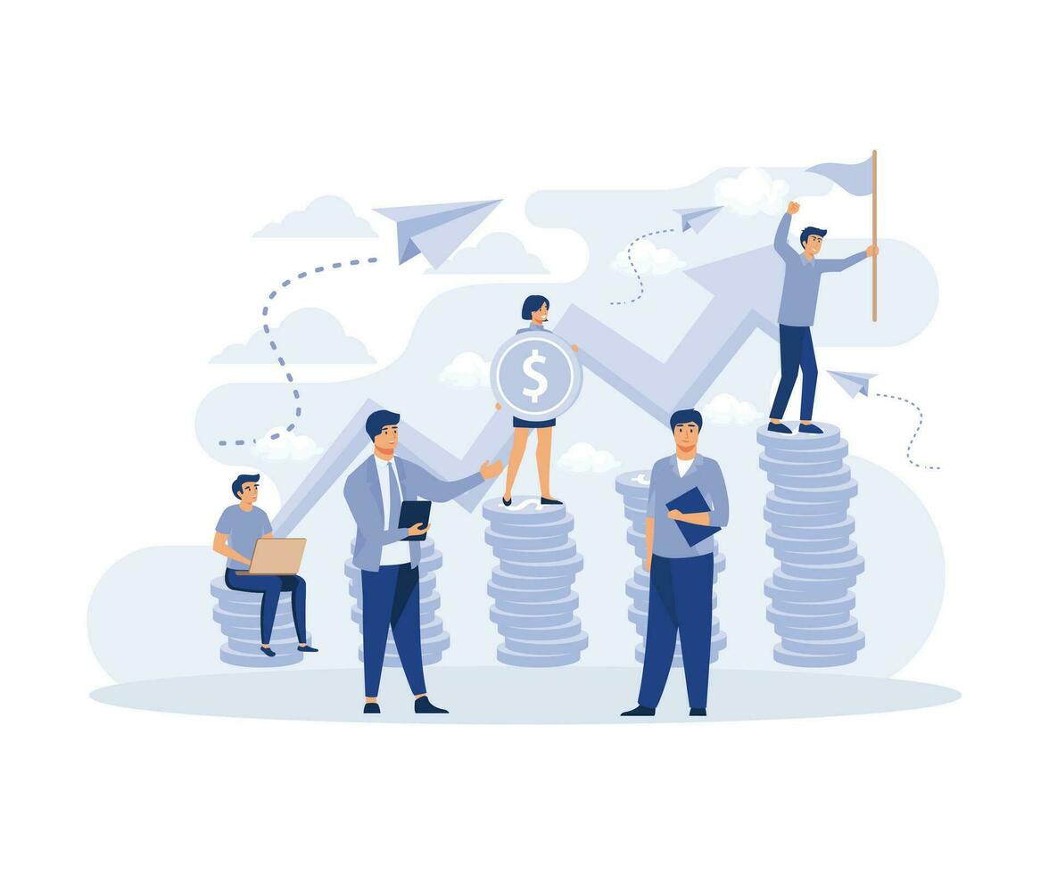 Financial Growth Concept. People Ascending by Coins Graph, Financial Success, flat vector modern illustration