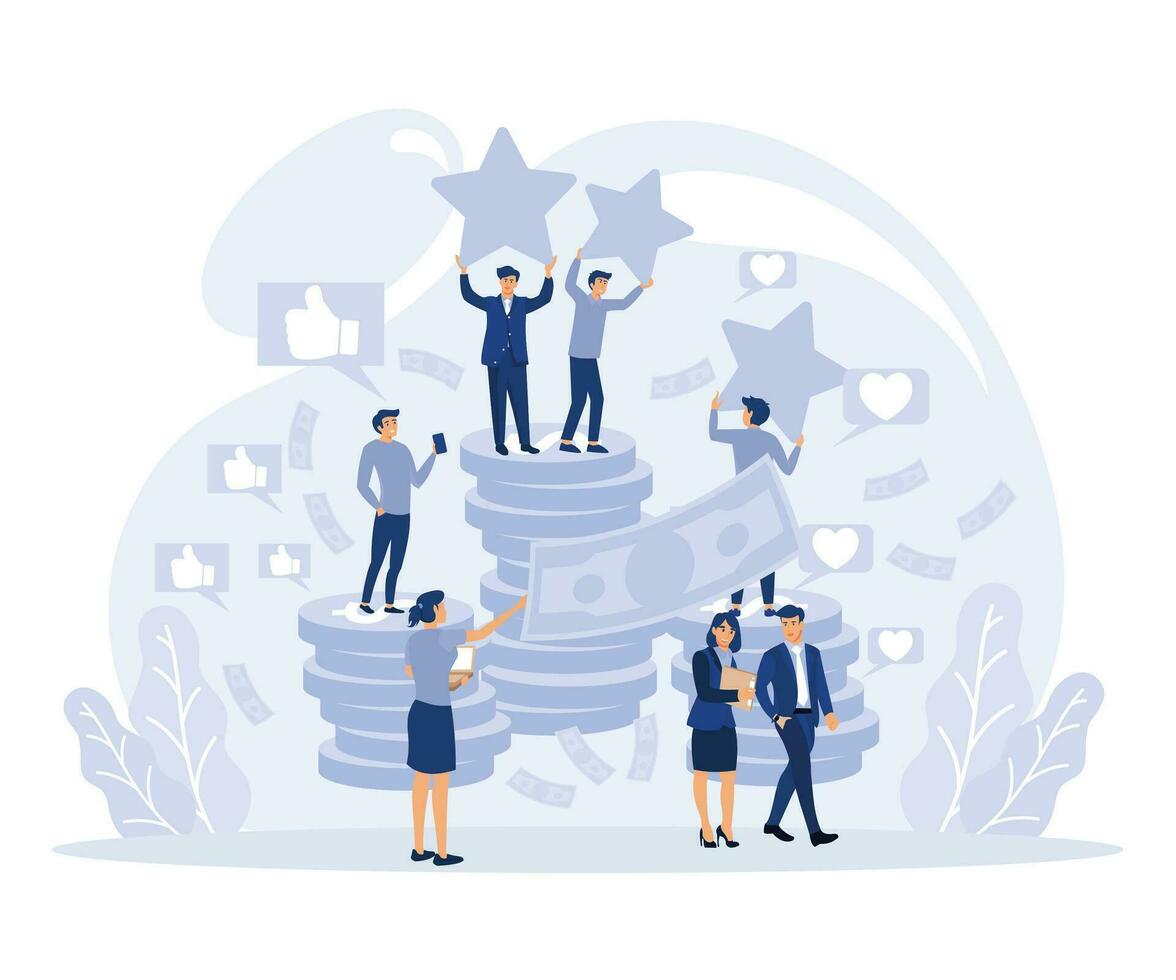 monetización de popularidad en social red, celebrando empresa financiero éxito, orgulloso de alto clientes clasificación, plano vector moderno ilustración