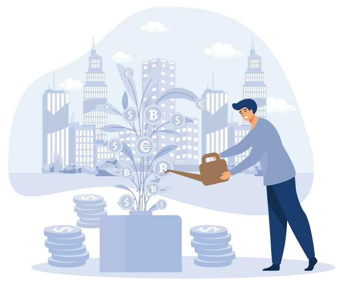 Business Development, Growing Startup, Entrepreneur Watering Money Tree. Investment, Profit Growth, flat vector modern illustration