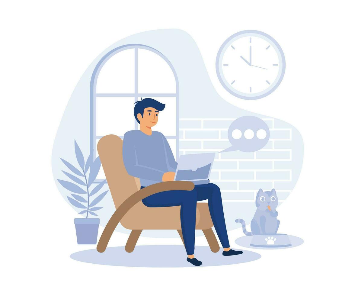 working at home. Work at the desk. Work in the living room. Working by the window. flat vector modern illustration