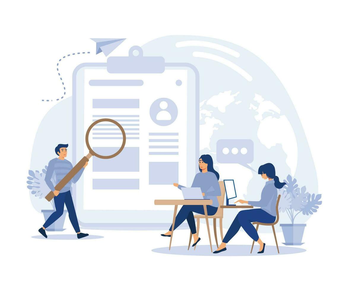 job application concept, Job interview, HR managers looking at curriculum vitae of job seeker, flat vector modern illustration