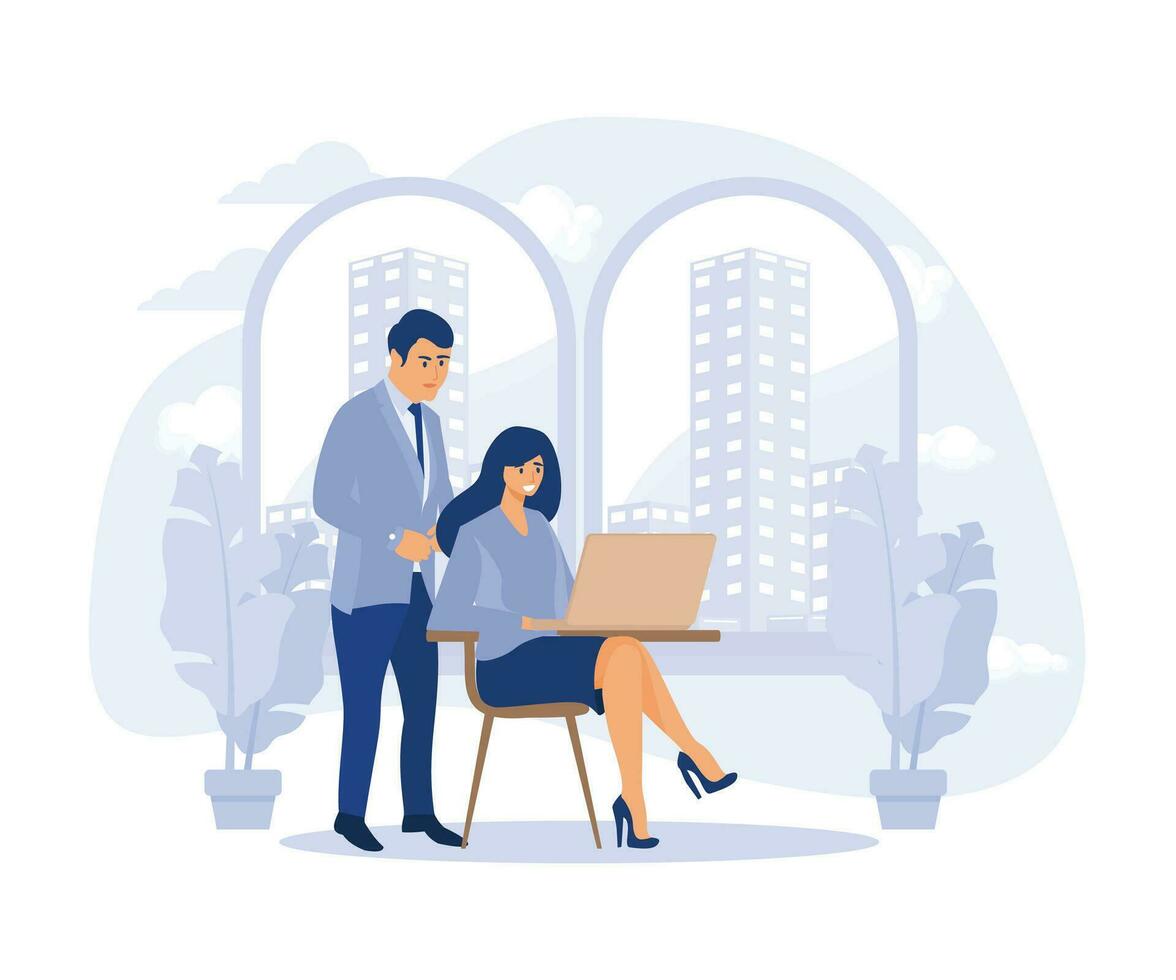 Workplace organization, On-demand urban workspace, biophilic design, work home office, distance work, flat vector modern illustration