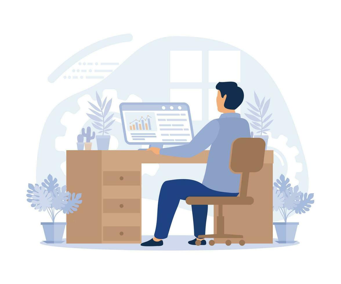 working at home. Work at the desk. Work in the living room. Working by the window. flat vector modern illustration