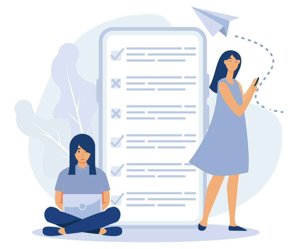 Online survey illustration concept, people filling online survey form on mobile and tablet, flat vector modern illustration