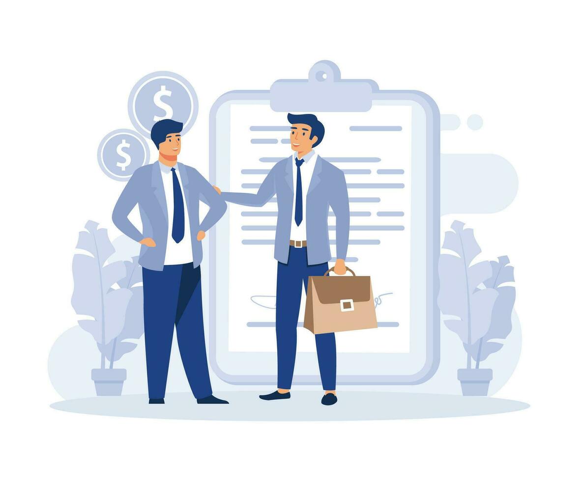 Financial agreement signing, Legal document, business papers.  Bill of sale, flat vector modern illustration