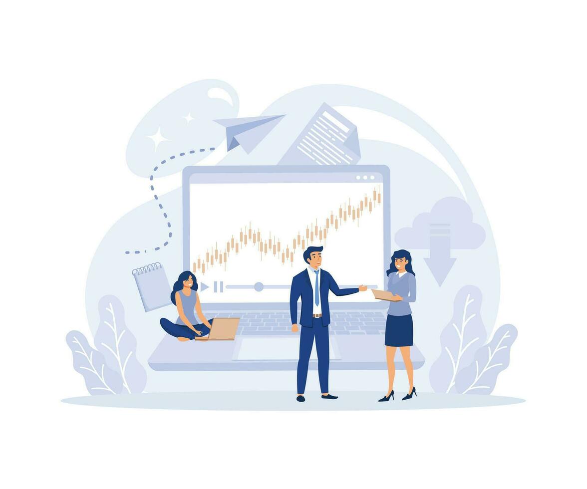 Online Students Education, Learning Men Around Big Laptop with Graphs. E-learning, flat vector modern illustration