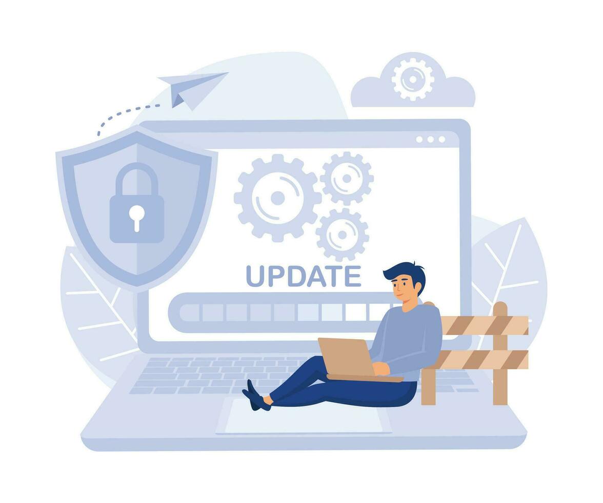 system maintenance, update program and application, technology, engineer, error, fixing a trouble, device updating, flat vector modern illustration