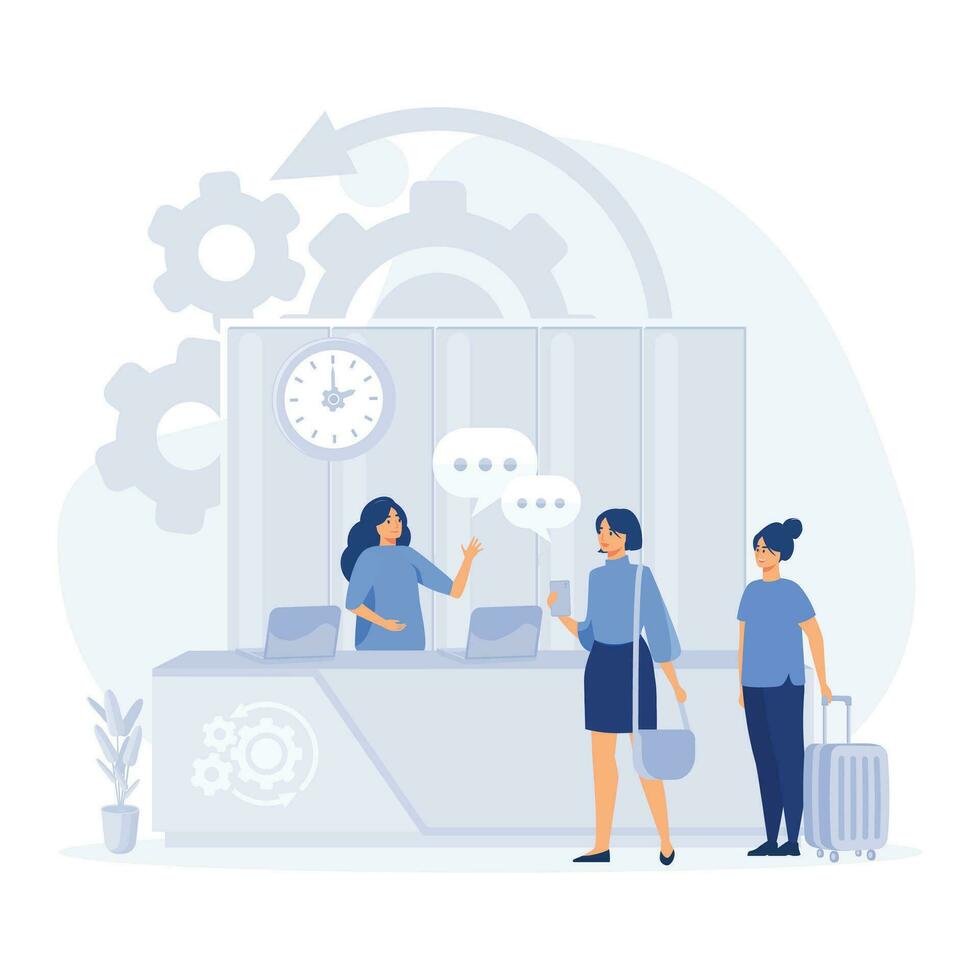 Hotel reception,  tourist standing at desk in office lobby room interior, registration hotel service background,  flat vector modern illustration