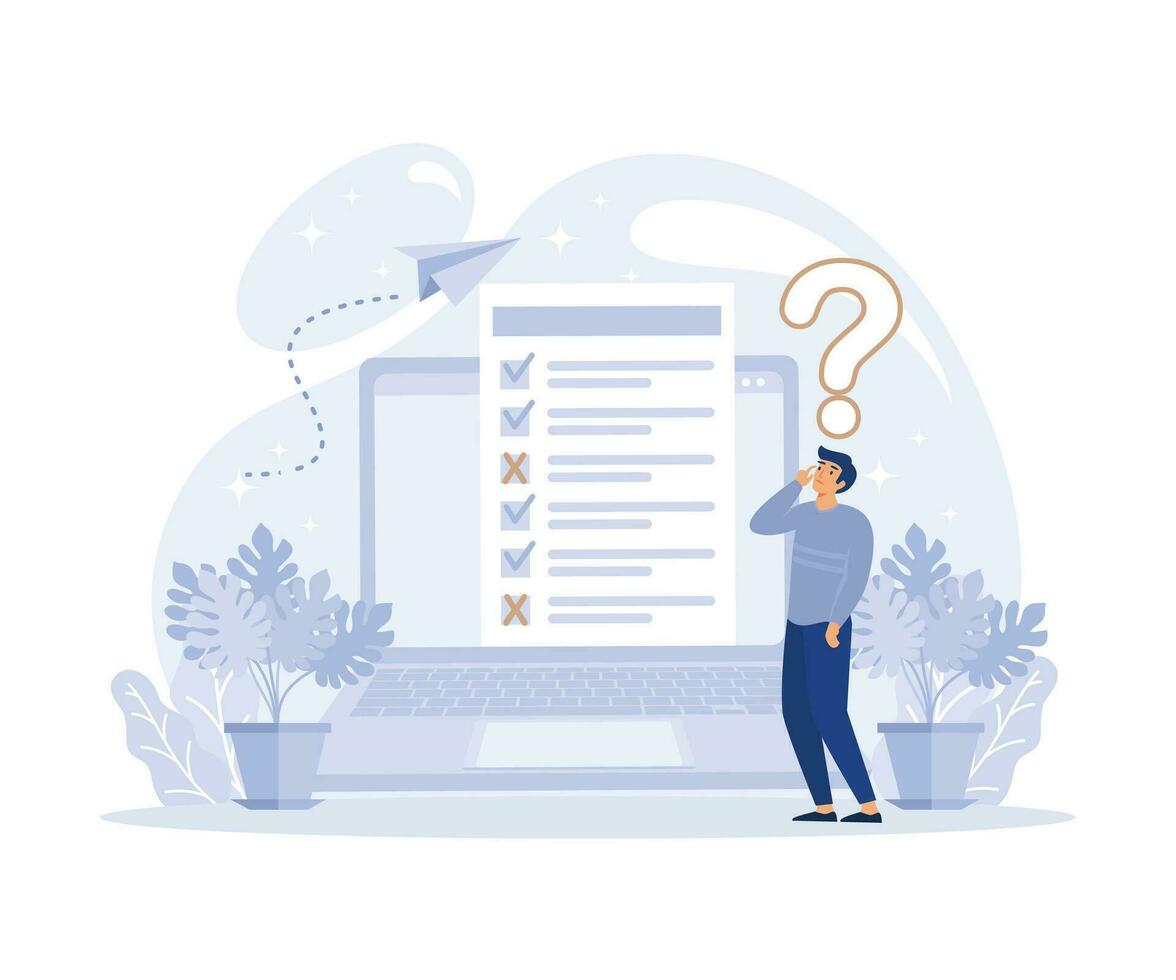 Online survey concept, Man thinking and fills out form of questionnaire, marking correct and incorrect answers,  flat vector modern illustration