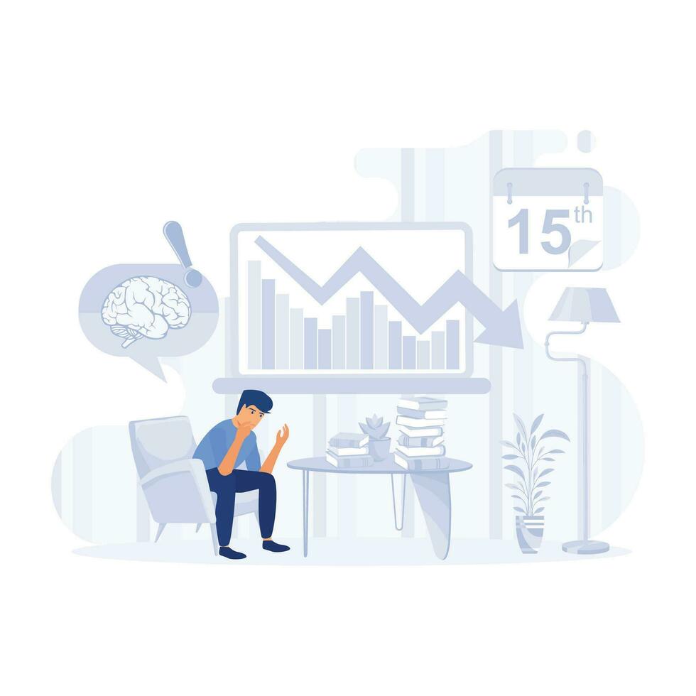 man with headache, migraine, Stressed unhappy upset tired men in office, flat modern vector illustration