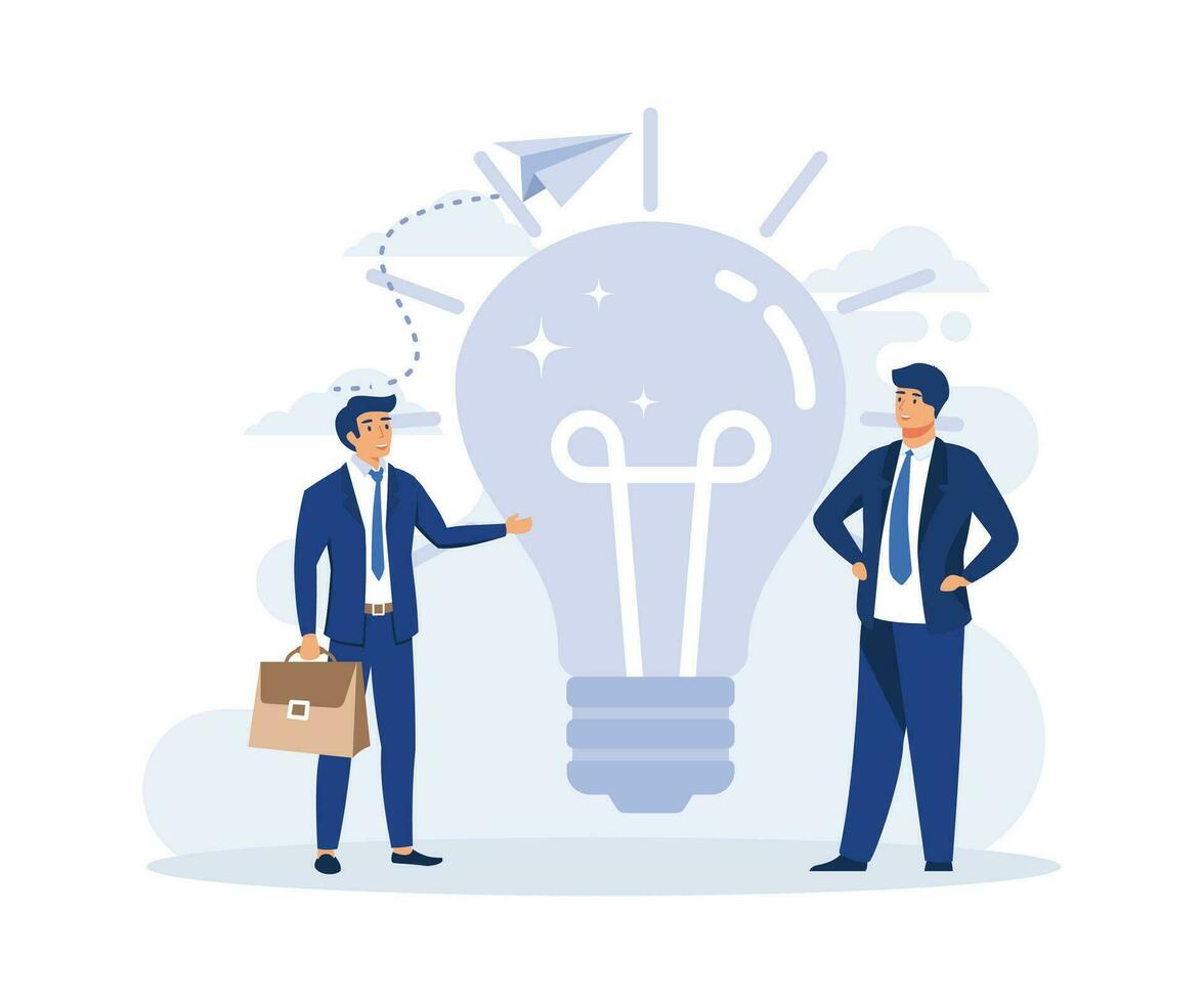 bright technology concepts, Change to new innovation, Success businessman leader give another businessman new idea lightbulb. flat vector modern illustration