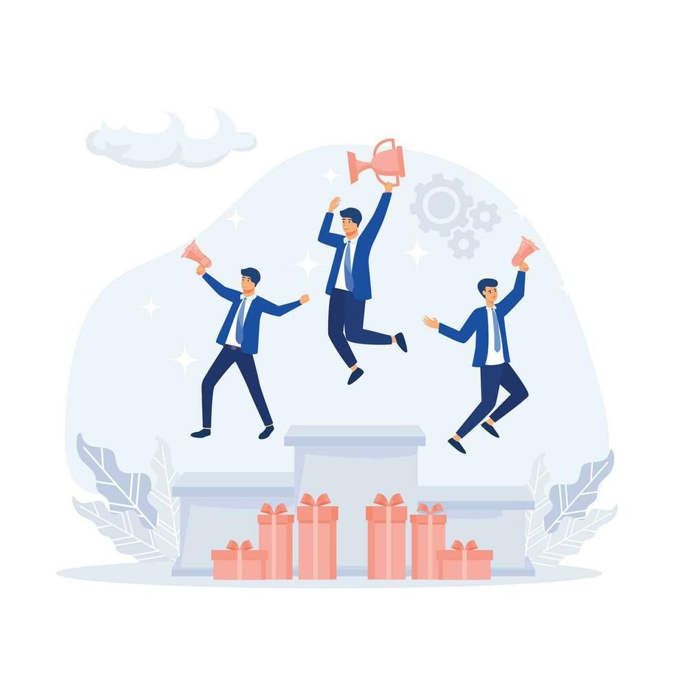 People standing on the podium rank first three places, Employee recognition and competition award winner business, flat vector modern illustration