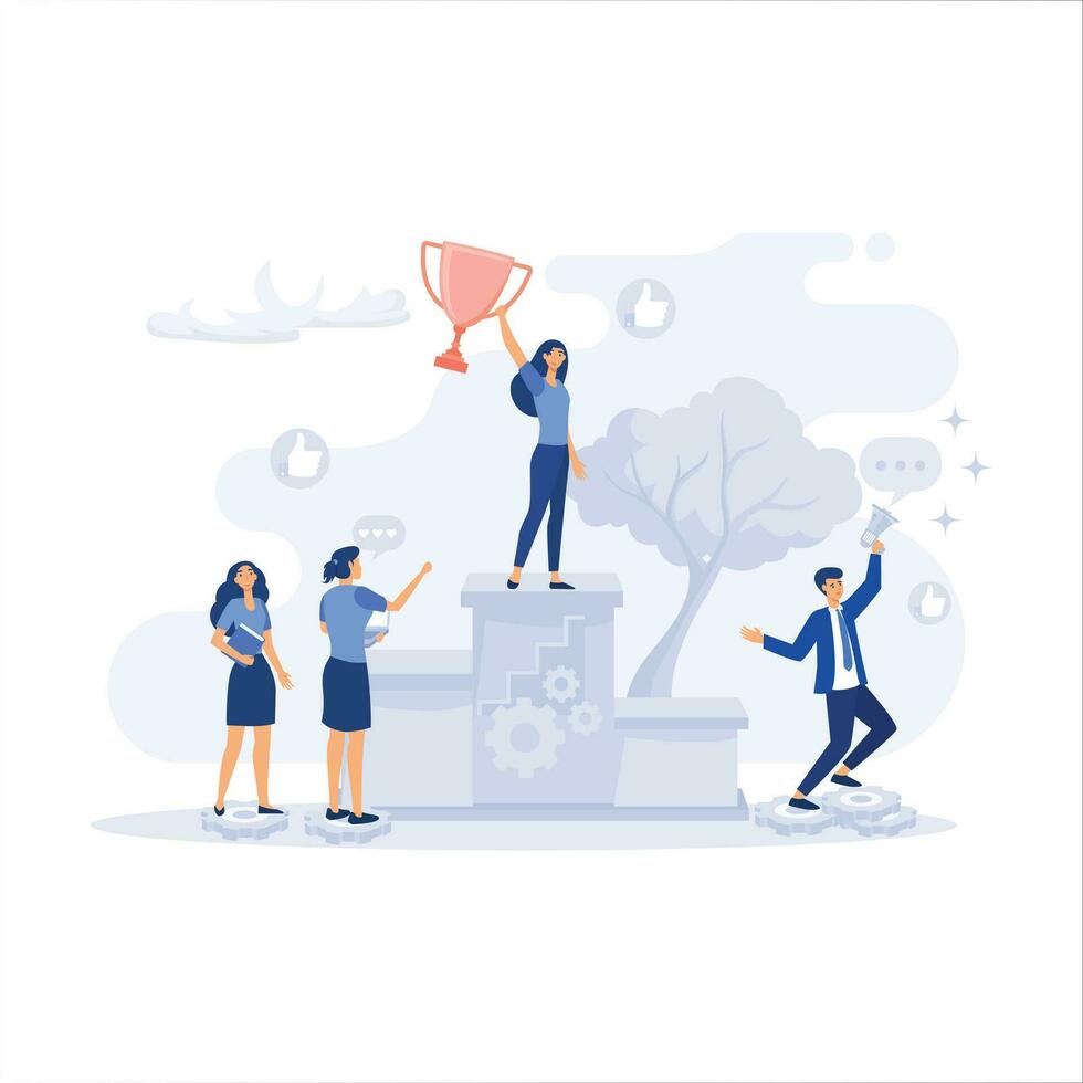 People working on their role with business woman cheering up by big gold trophy on the puzzle elements, flat vector modern illustration