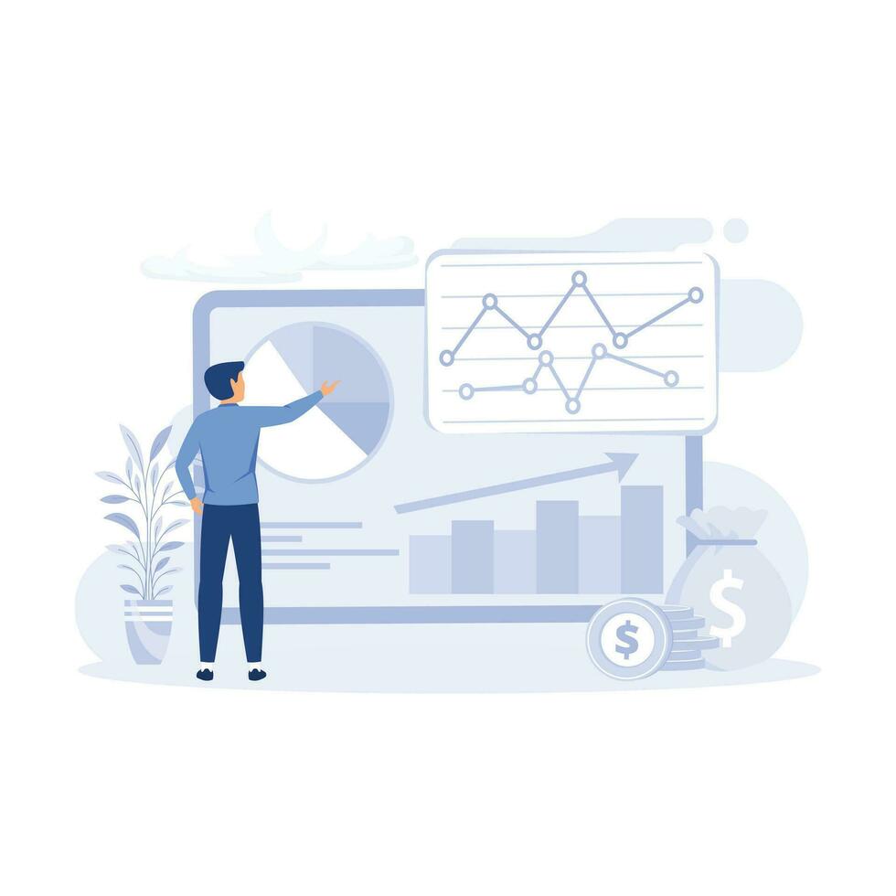 People analyzing financial graphs, charts, diagrams and other data. Characters investing money in stock market. flat modern vector illustration