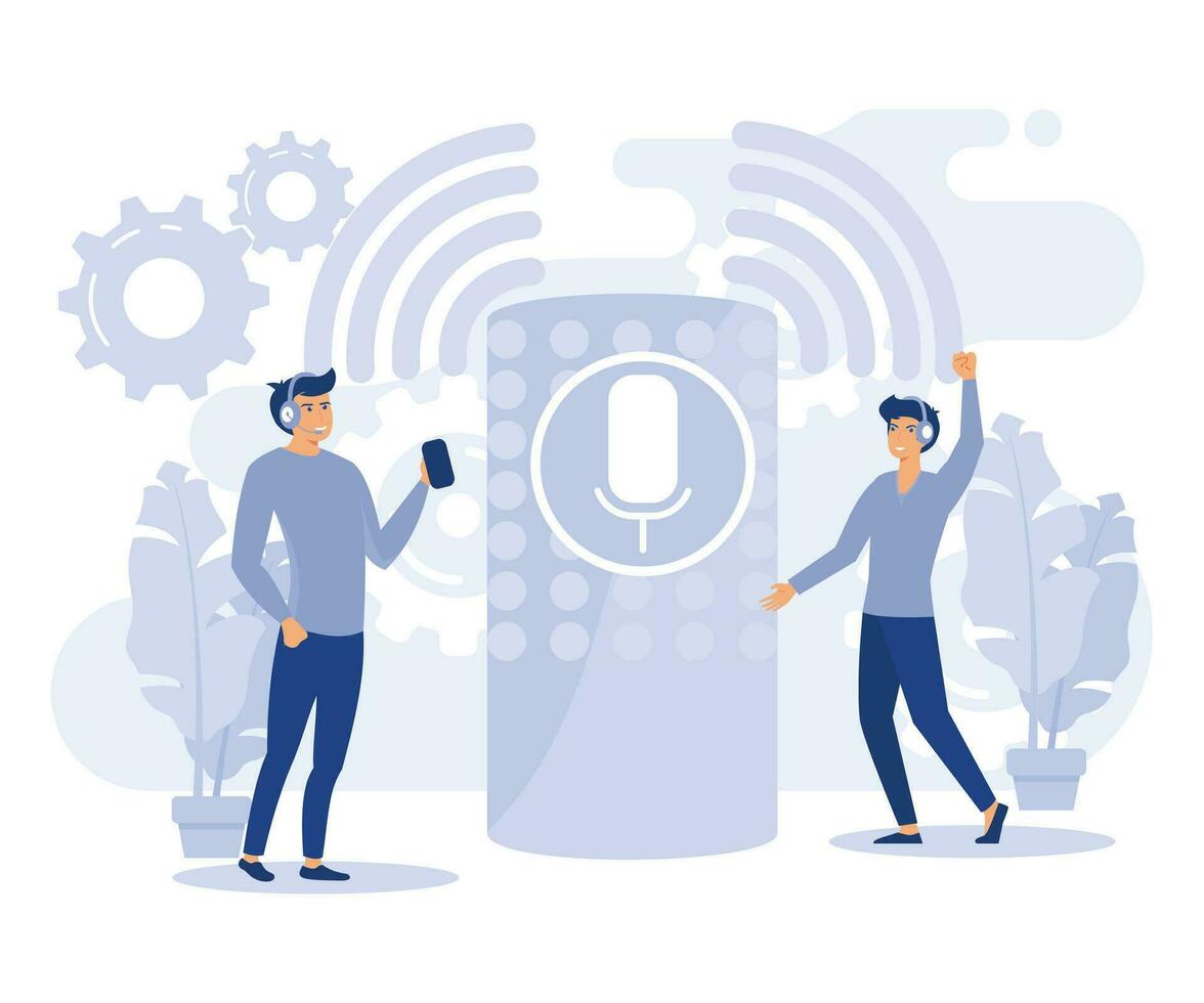 Voice command device application,  virtual assistant technology, smart speaker, flat vector modern illustration