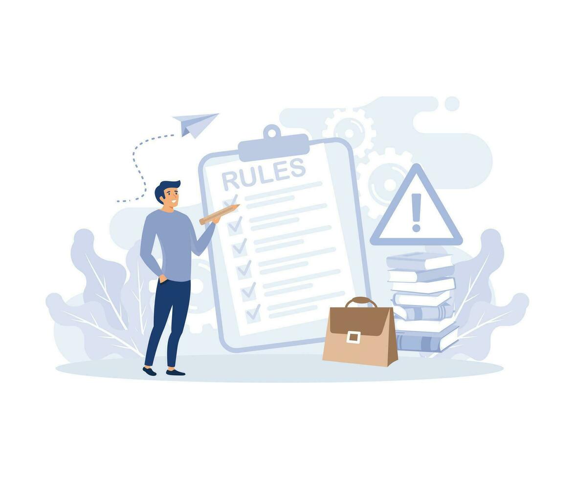 Rules and regulations, employee policies and guidelines, standard procedure concepts. Businessman studying list of rules, flat vector modern illustration