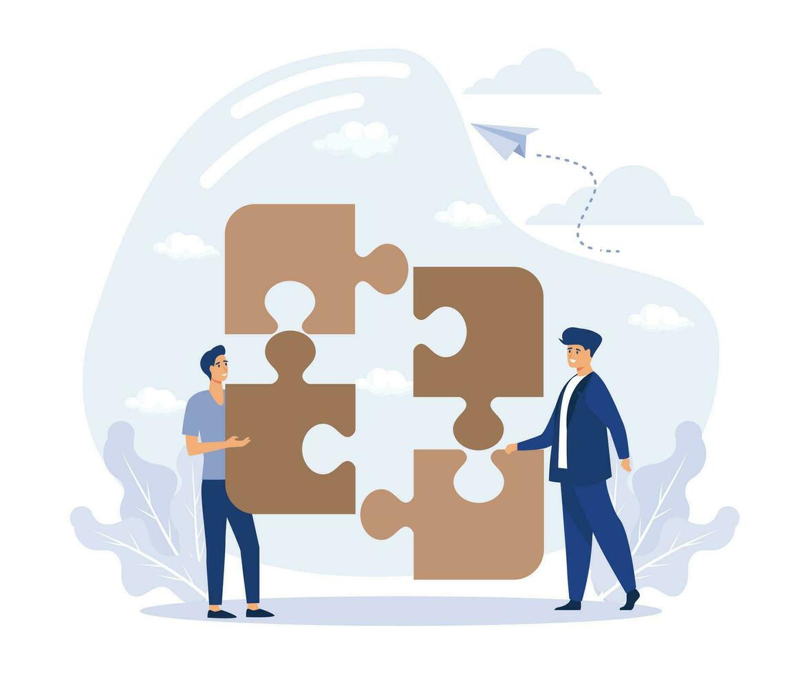 Business concept, businessman connecting big puzzle elements.  Symbol of working together, flat vector modern illustration